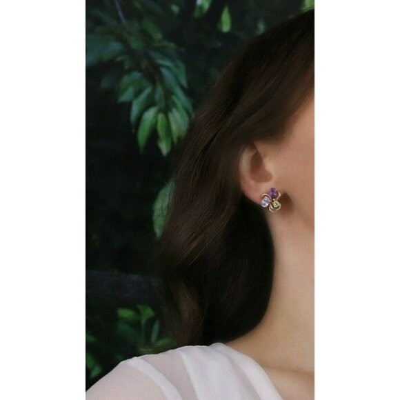 14k Yellow Gold Natural Amethyst, Topaz and Peridot Earrings Stud Post Earrings - Picture 3 of 8